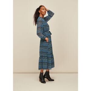 Whistles Womens Trapeze Midi‎ Dress Long Sleeve Ikat Diamond Print Blue Size 2
